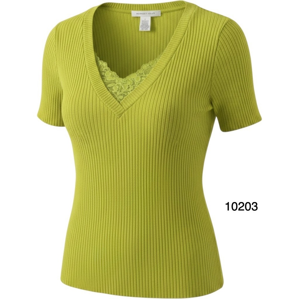 August Silk Knit Top Womens L Yellow Cotton Stretch Ribbed V Neck Short Sleeve